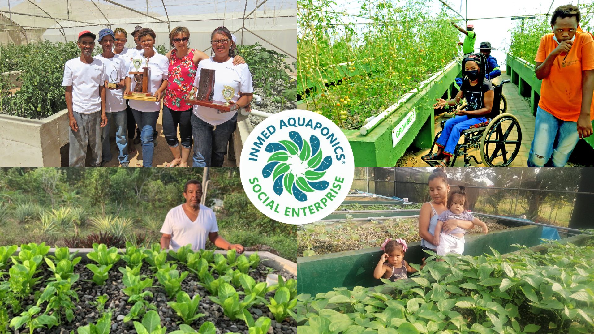 Four different images showing aquaponics farms with logo in center